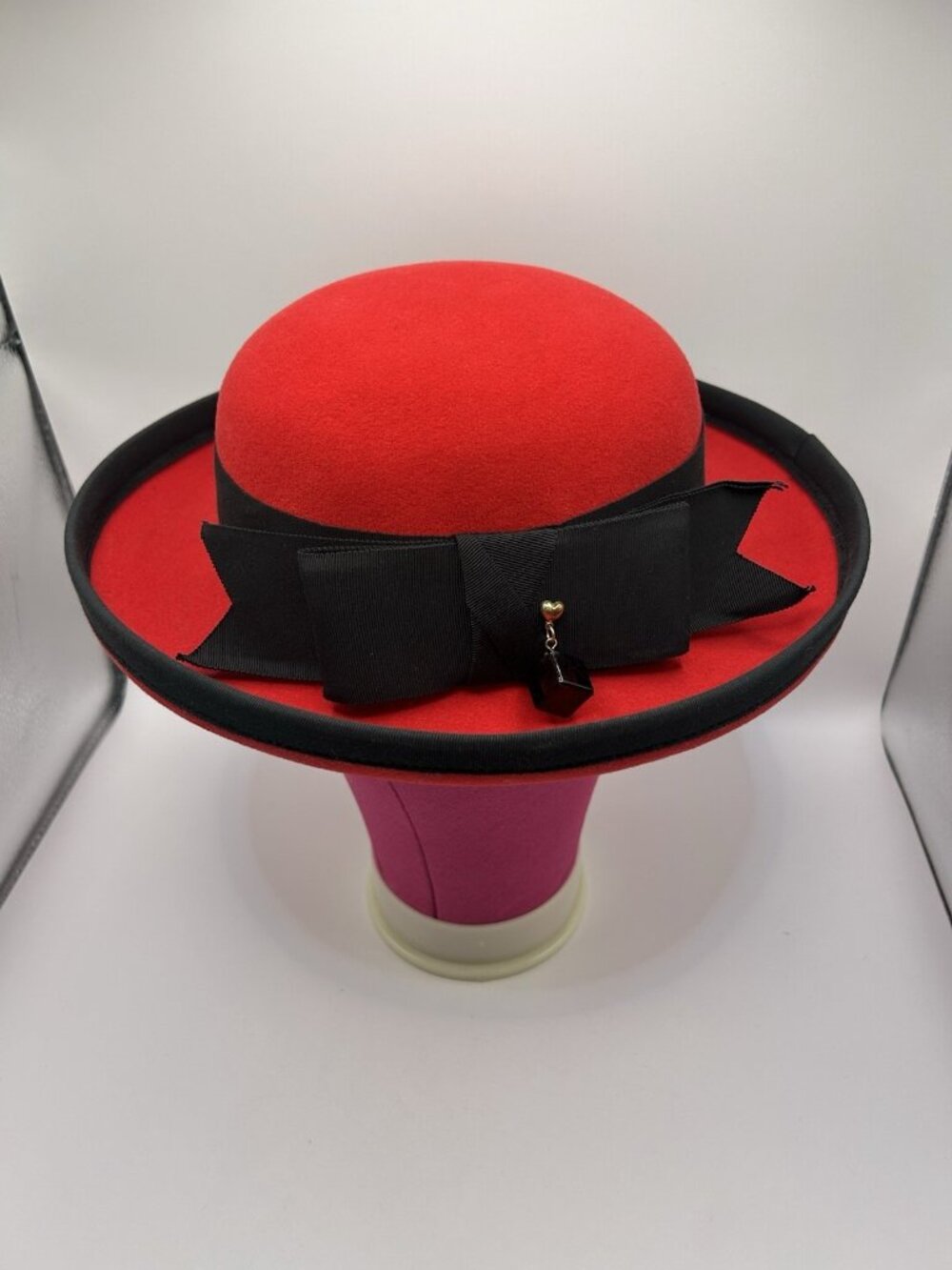 Vintage Adolfo II Red Wool Felt Hat Black Bow Heart Charm USA Excello Chic Style